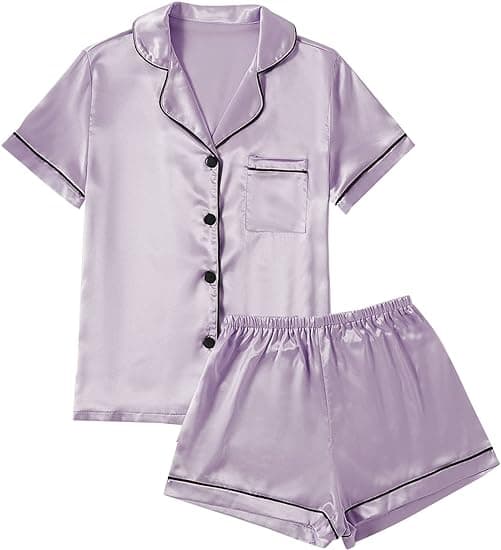 Caprisious Women’s Satin Pajama Short Sleeve Purple top and Shorts Set