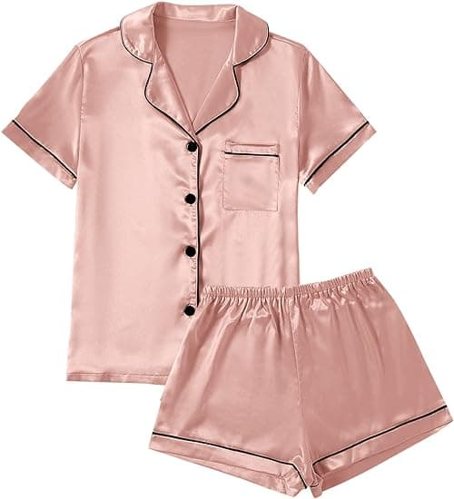 Caprisious Women’s Satin Pajama Short Sleeve Champagne Pink top and Shorts Set