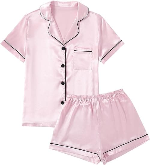 Caprisious Women’s Satin Pajama Short Sleeve Baby Pink top and Shorts Set