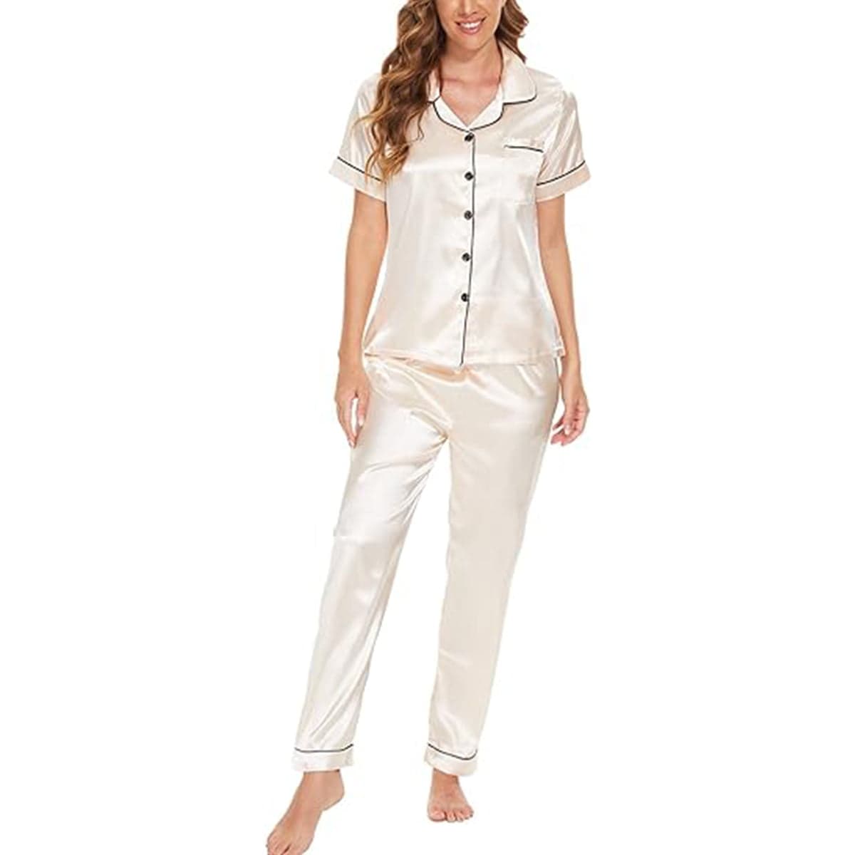 Caprisious Women’s Satin Pajama Short Sleeve Pink top and Full Length Set