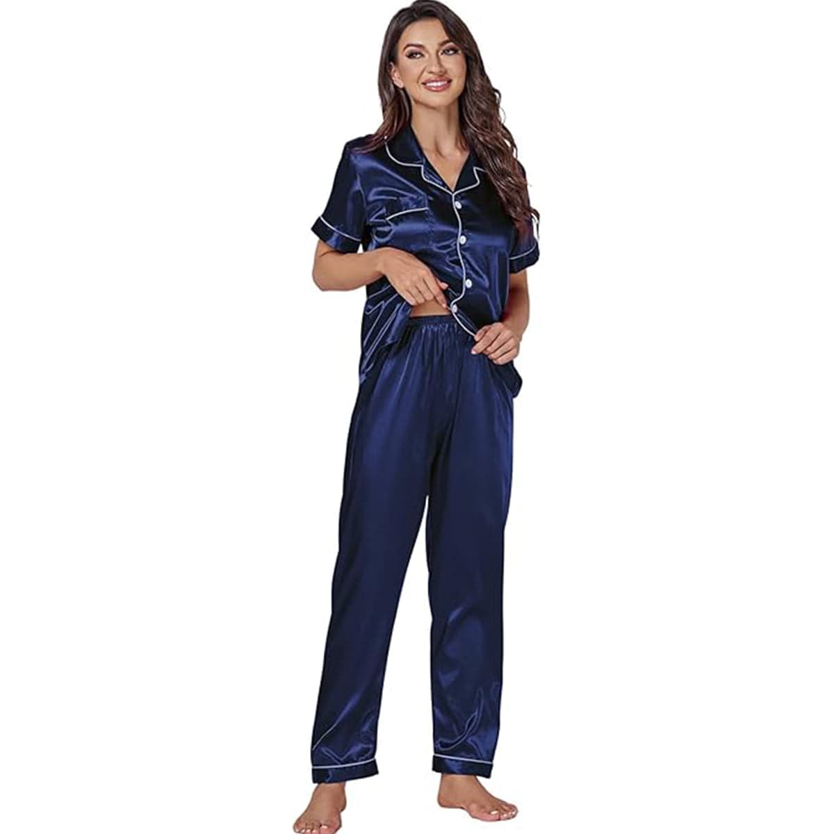 Caprisious Women’s Satin Pajama Short Sleeve Pink top and Full Length Set