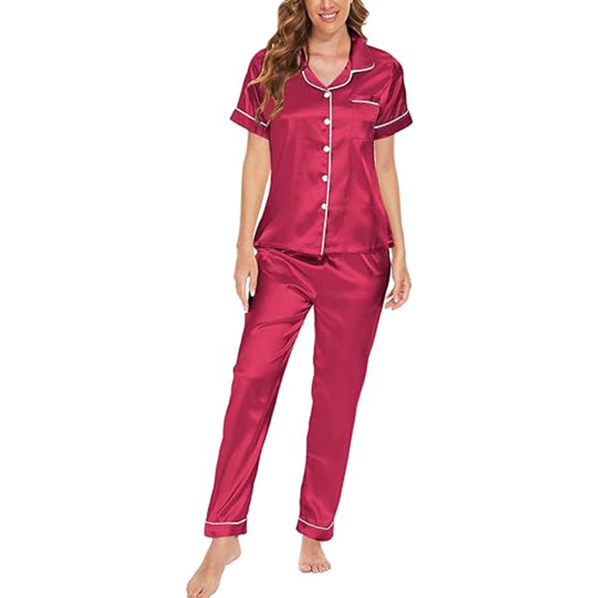 Caprisious Women’s Satin Pajama Short Sleeve Pink top and Full Length Set