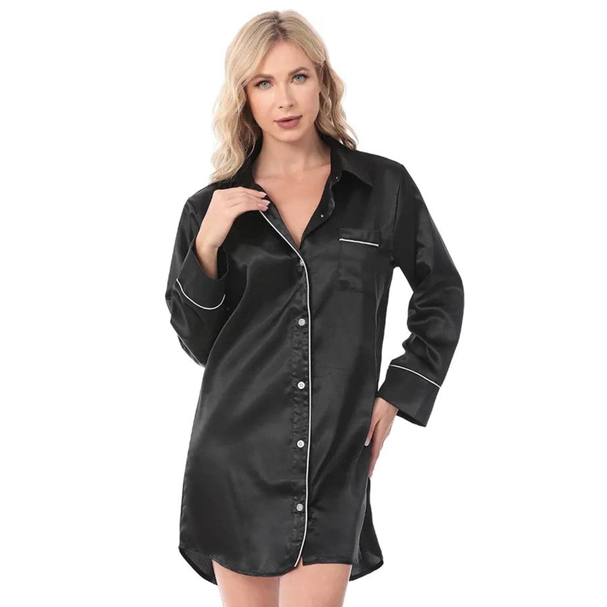 Caprisious Satin Long Sleeve Sleep Nightshirt Pajama Top Black