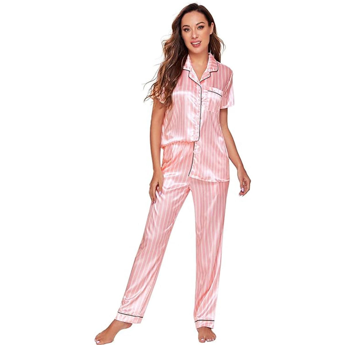 Caprisious Women’s Sleepwear Striped Satin Short Sleeve Shirt and Pants Pajama Set