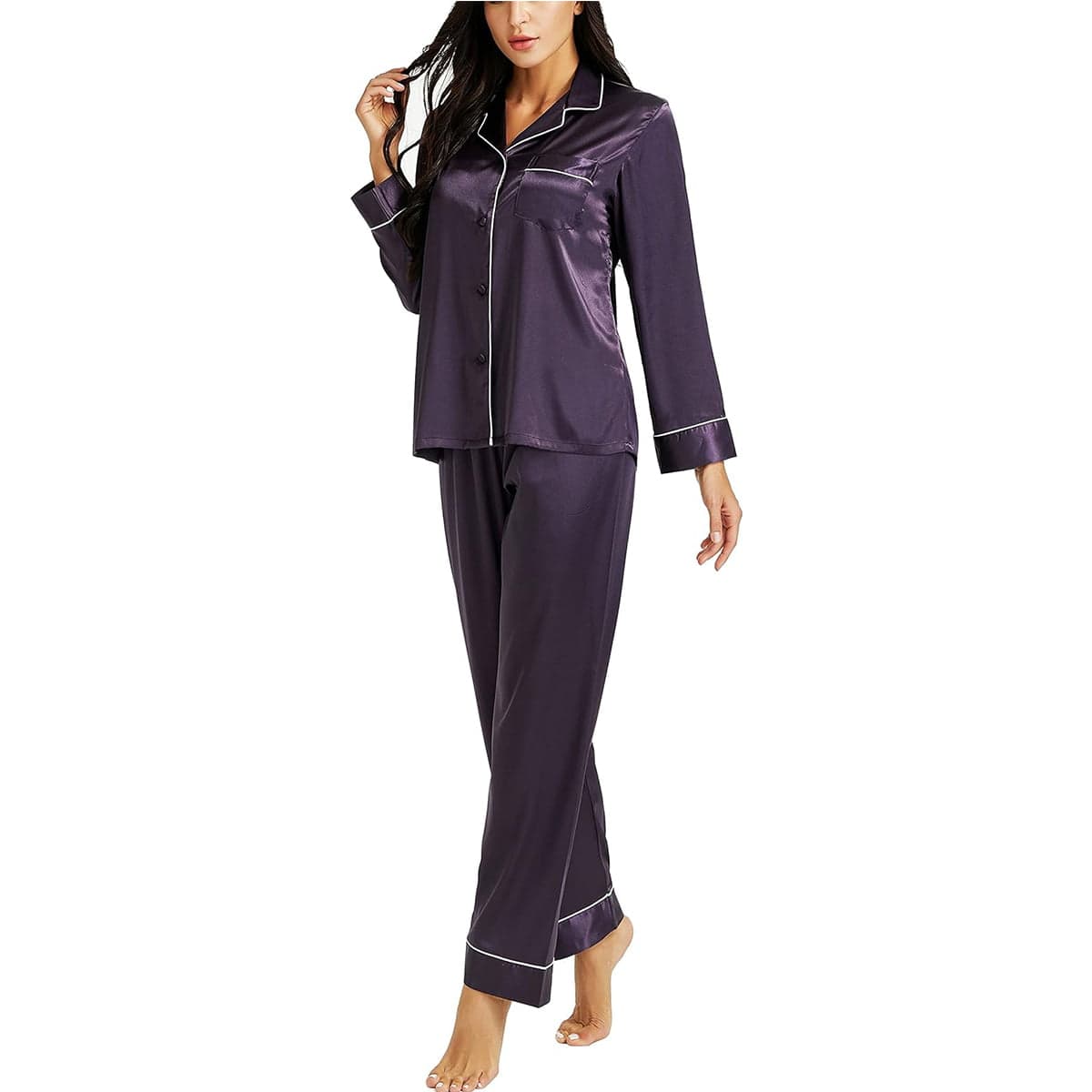 Caprisious Women’s Full Sleeve Silk Satin Pajama Set — Plum