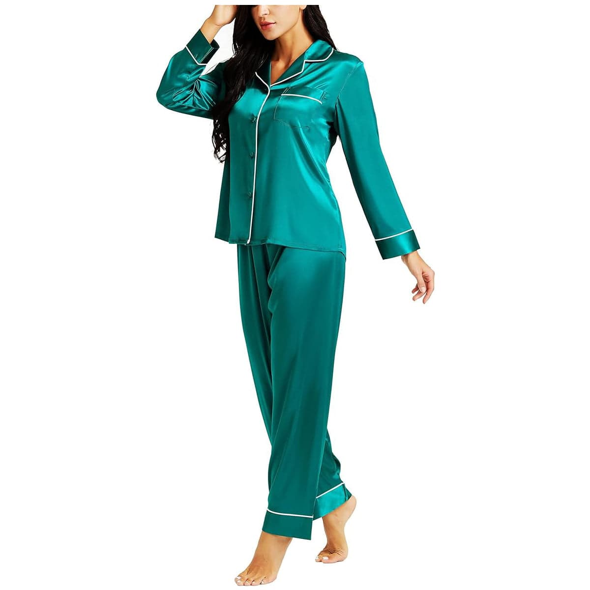 Caprisious Women’s Full Sleeve Silk Satin Pajama Set — Emerald