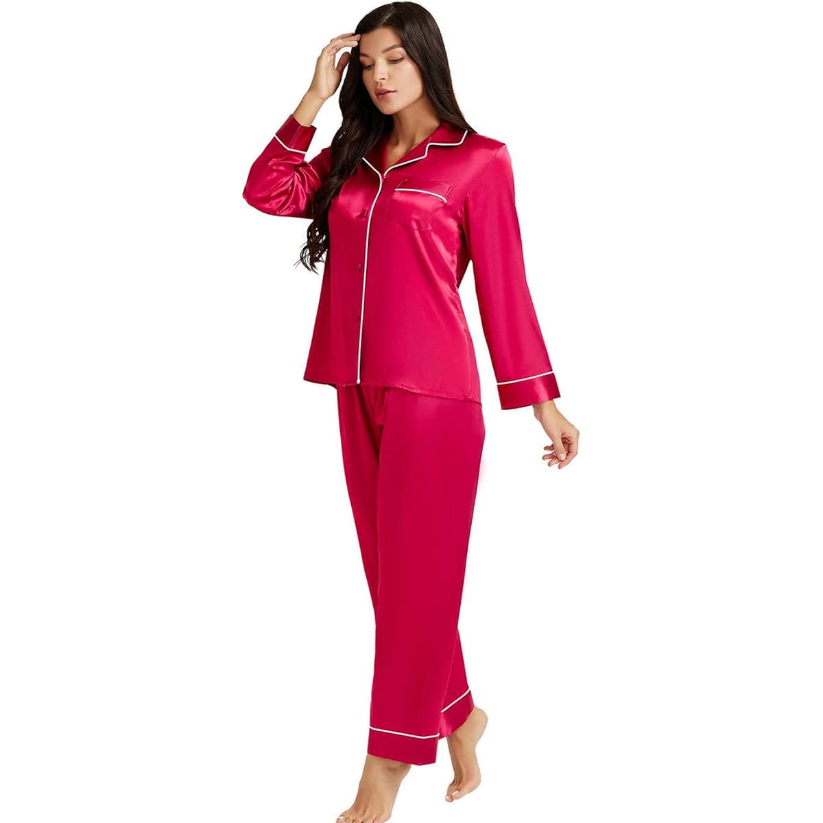 Caprisious Women’s Full Sleeve Silk Satin Pajama Set — Ruby