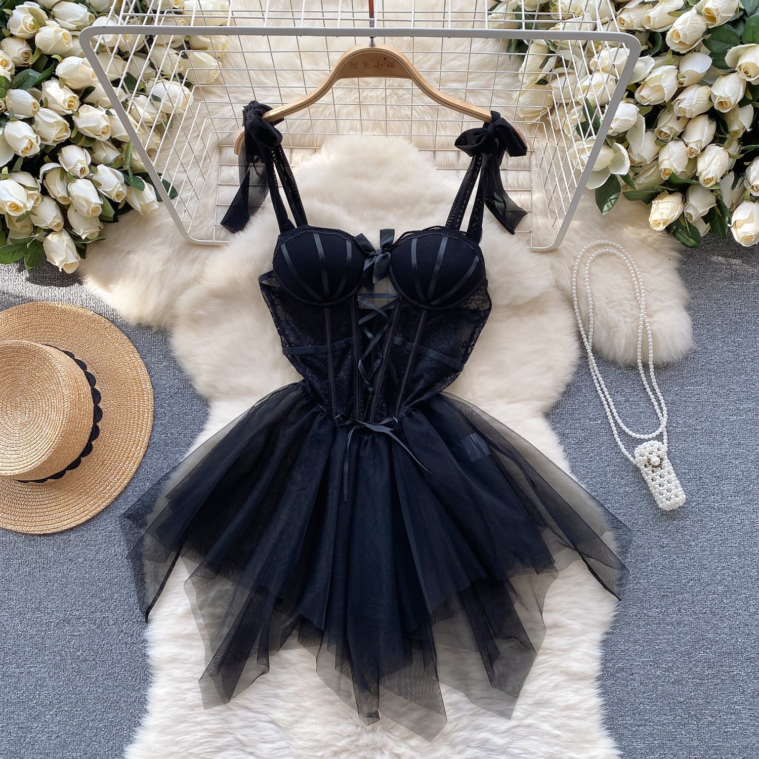 Caprisious Elegant Lace Corset Dress with Adjustable Straps and Matching Bottoms