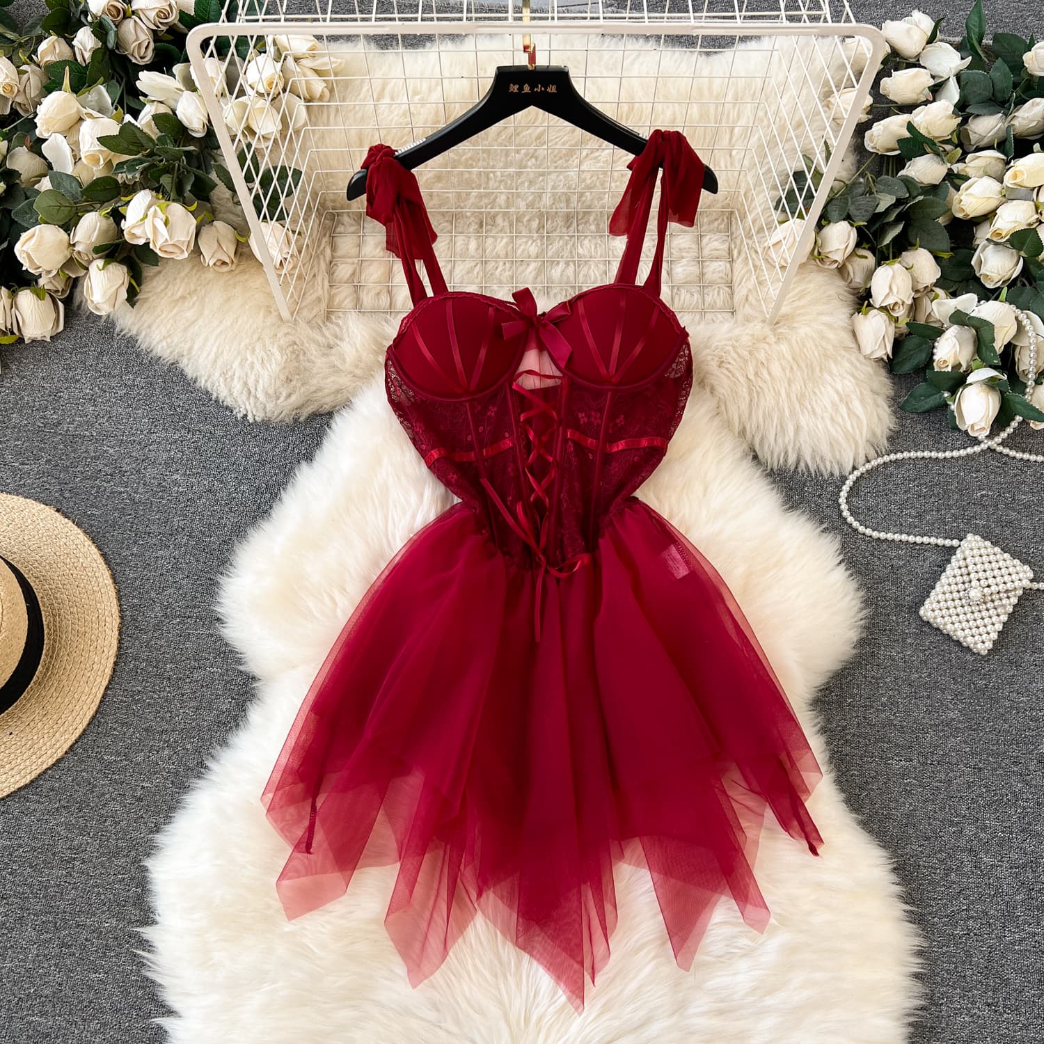 Caprisious Elegant Lace Corset Dress with Adjustable Straps and Matching Bottoms