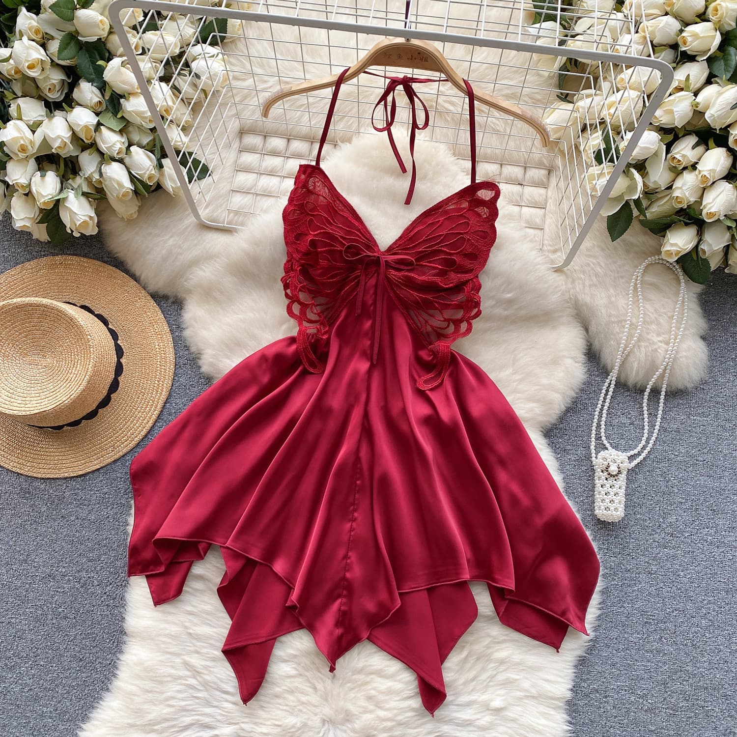 Caprisious Elegant Butterfly-Inspired Halter Neck Satin Dress with Lace Bodice