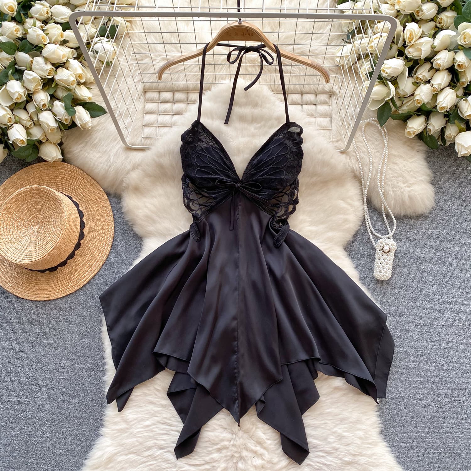 Caprisious Elegant Butterfly-Inspired Halter Neck Satin Dress with Lace Bodice