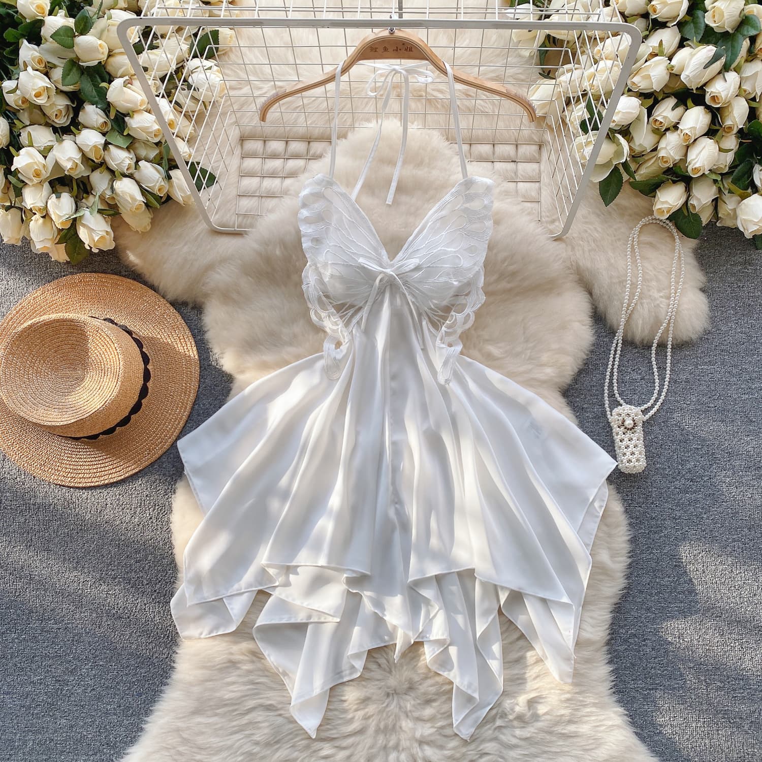 Caprisious Elegant Butterfly-Inspired Halter Neck Satin Dress with Lace Bodice