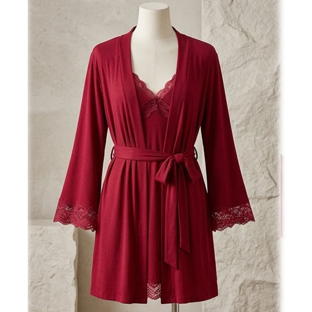 Caprisious Lace-Trimmed Ribbed Lounge Set in red