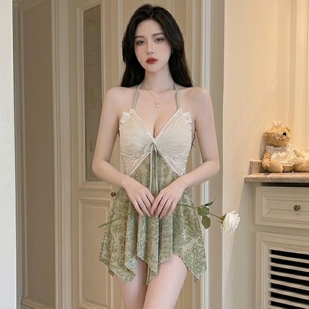 Caprisious Elegant Butterfly Lace Halter Chemise