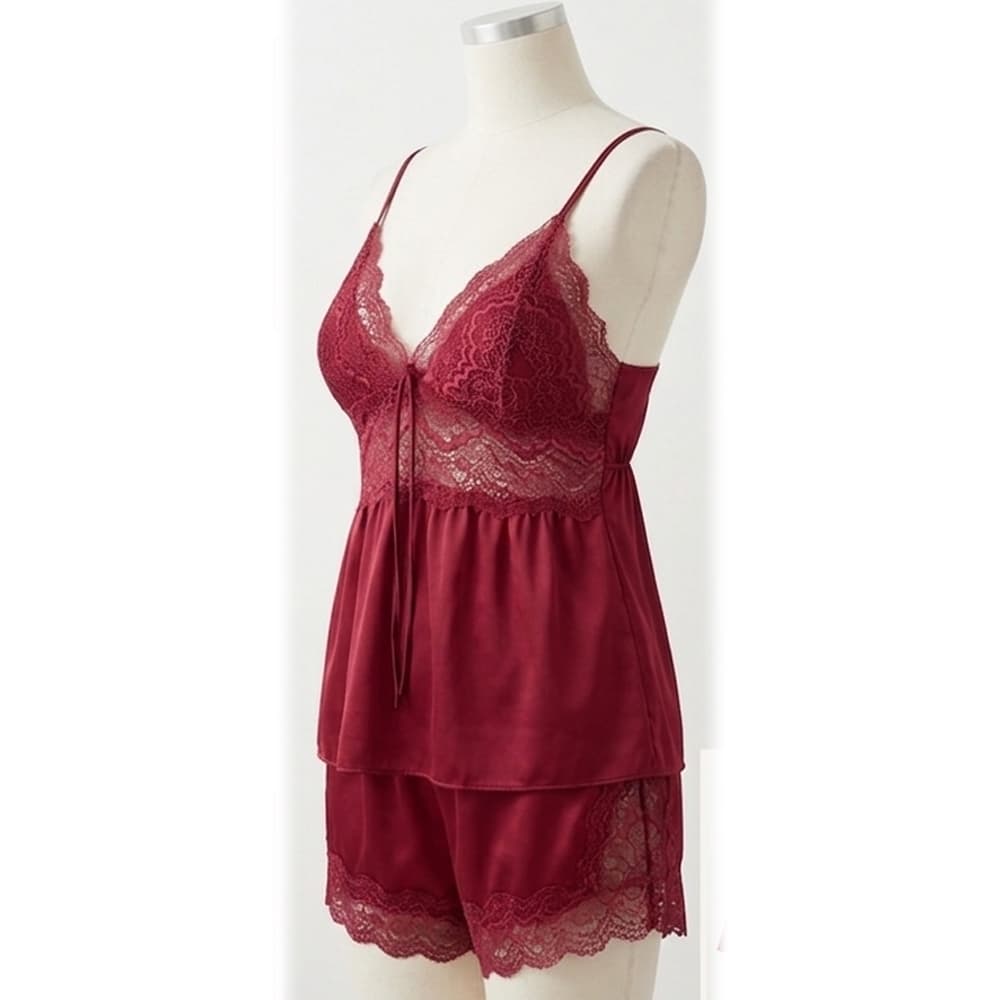 Caprisious Elegant Satin & Lace Cami Set with Matching Shorts Red