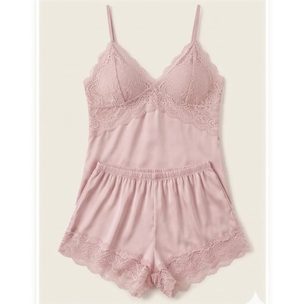 Caprisious Elegant Satin & Lace Cami Set with Matching Shorts Red Pink