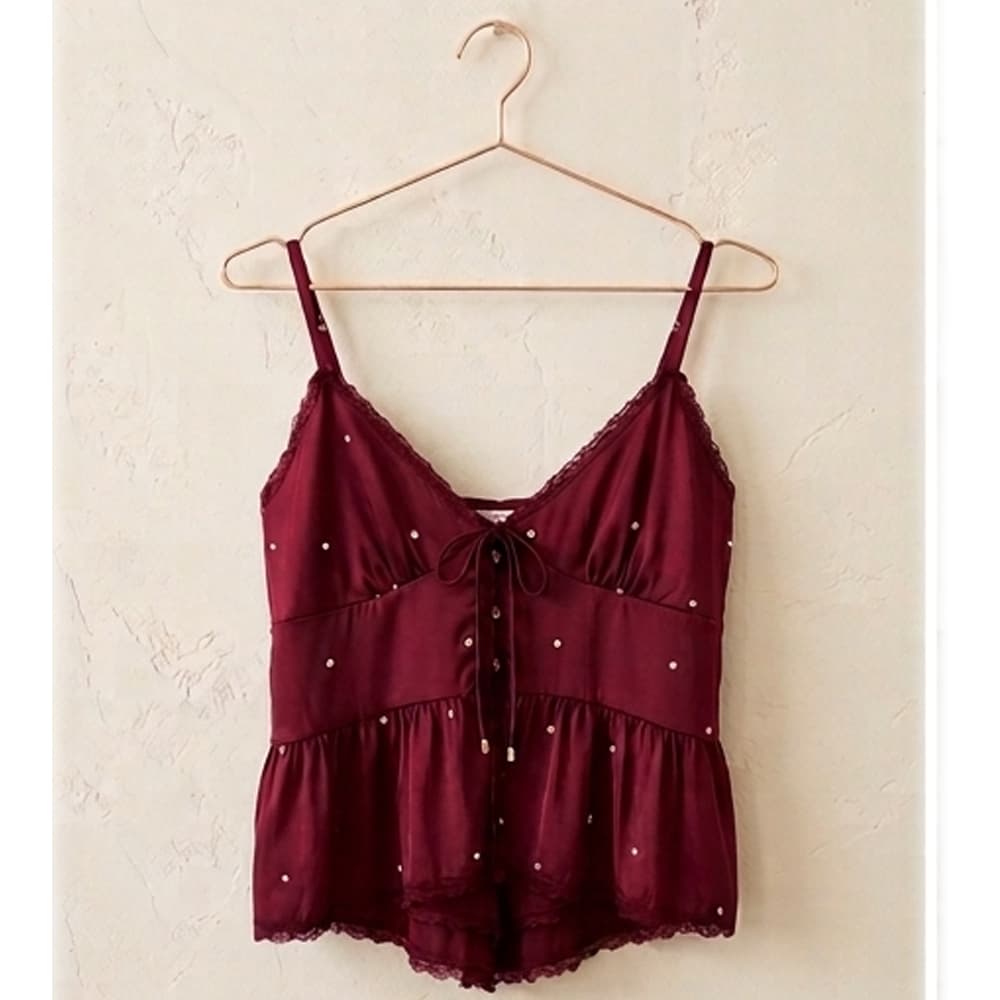 Caprisious Rhinestone Embellished Satin Camisole & Lace-Trim Shorts Set Red