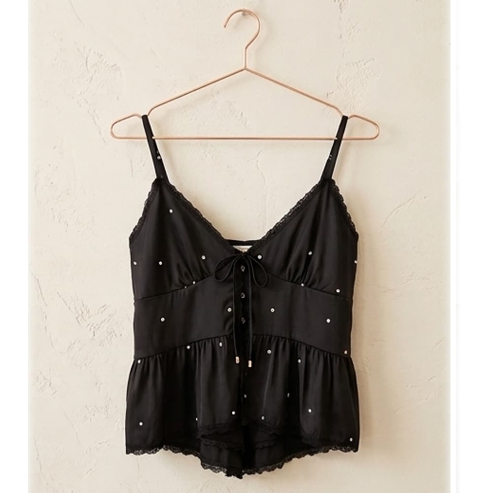 Caprisious Rhinestone Embellished Satin Camisole & Lace-Trim Shorts Set Black