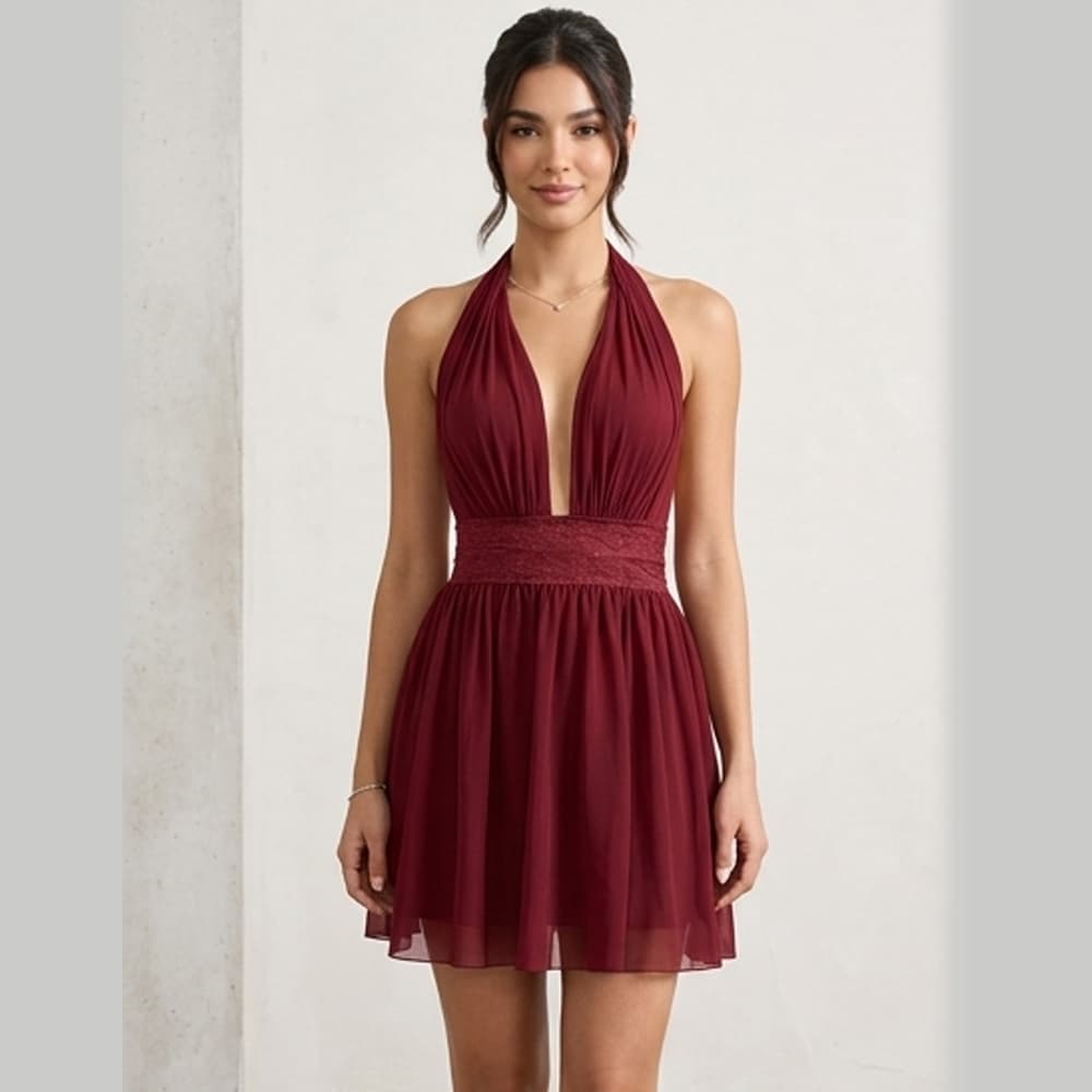 Caprisious Ethereal Deep-V Halter Mini Dress with Lace Waist Detail Red