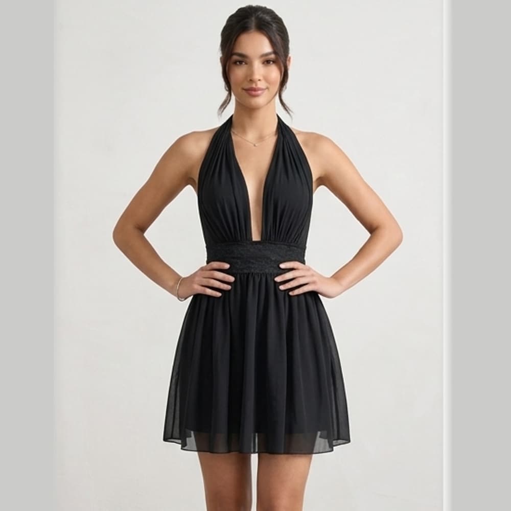 Caprisious Ethereal Deep-V Halter Mini Dress with Lace Waist Detail Black