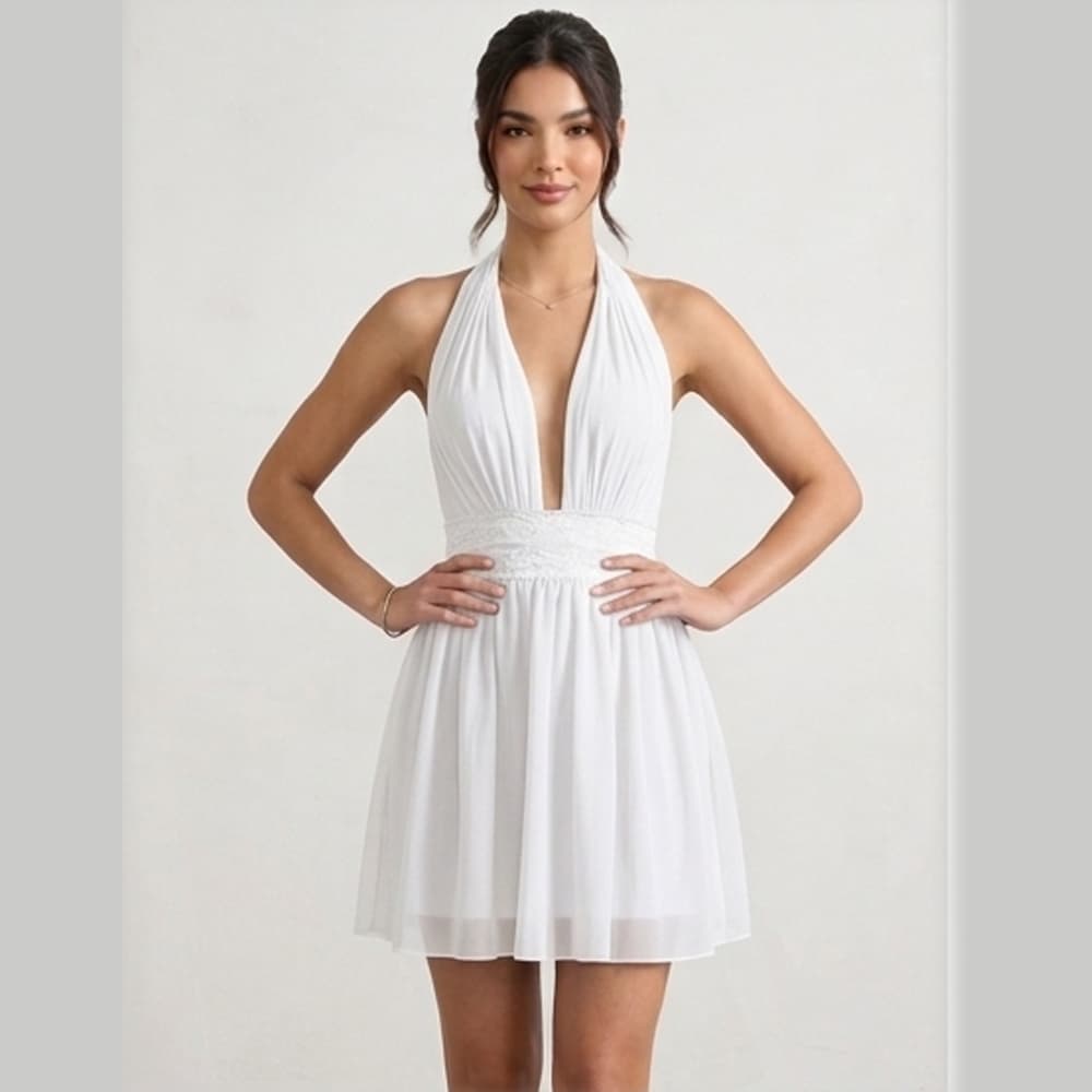 Caprisious Ethereal Deep-V Halter Mini Dress with Lace Waist Detail White