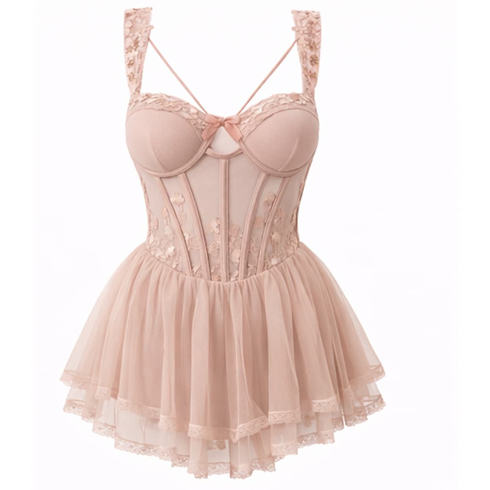 Caprisious Women Sheer Babydoll Nightwear with Floral Embroidery in pink
