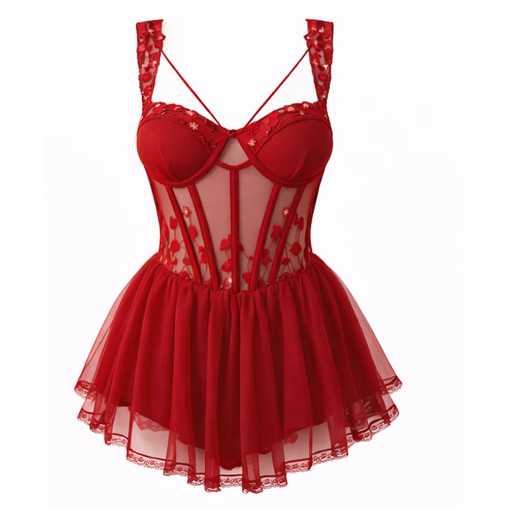 Caprisious Women Sheer Babydoll Nightwear with Floral Embroidery in red