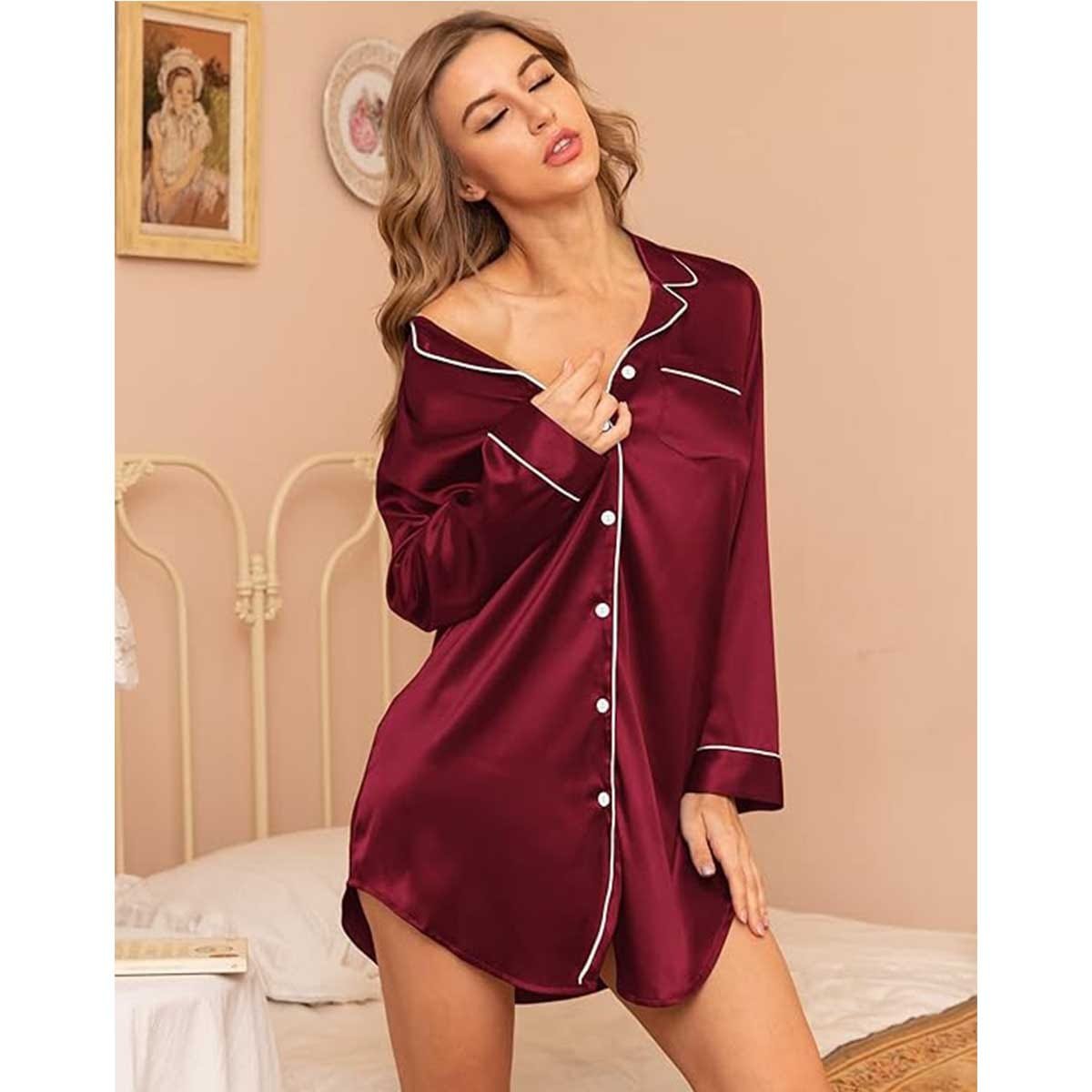 Satin Long Sleeve Sleep Nightshirt Pajama Top Wine Red image 1