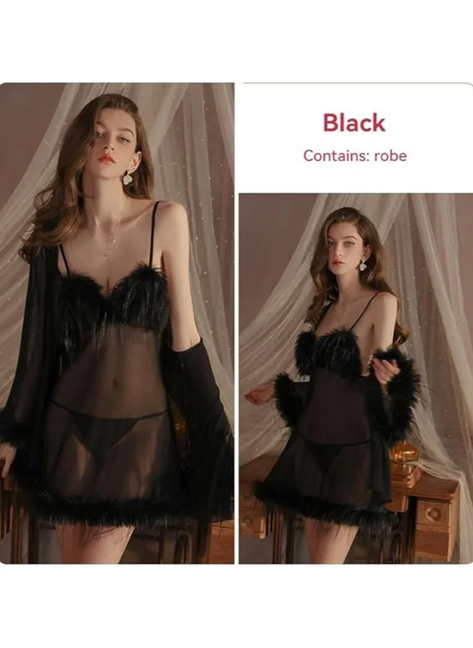 Women's 3-Piece Tulle Lingerie Set with Nightshirt and Robe image 0