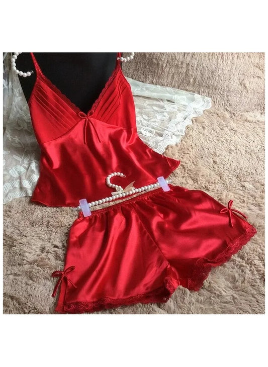 V-Neck Silk Women's Pajama Set with Spaghetti Straps and Lace Detailing Set image 0