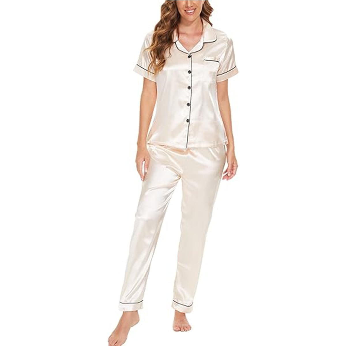 Women’s Satin Pajama Short Sleeve Pink top and Full Length Set image 3