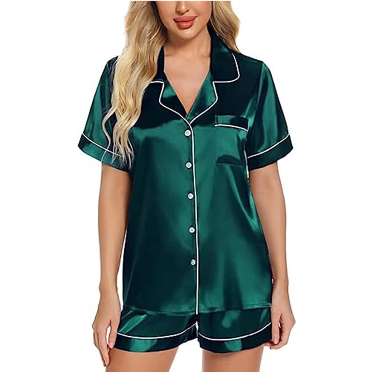Women's Satin Pajama Short Sleeve Green top and Shorts Set image 0