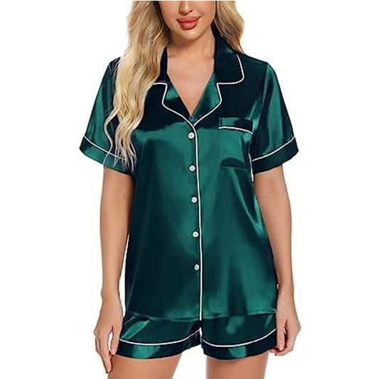 Women's Satin Pajama Short Sleeve Green top and Shorts Set image 0