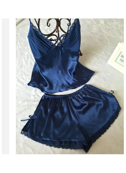 V-Neck Silk Women's Pajama Set with Spaghetti Straps and Lace Detailing image 0