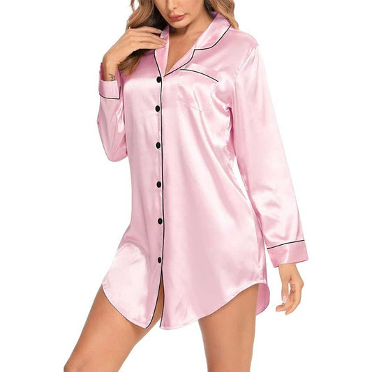 Satin Long Sleeve Sleep Nightshirt Pajama Top Pink image 0