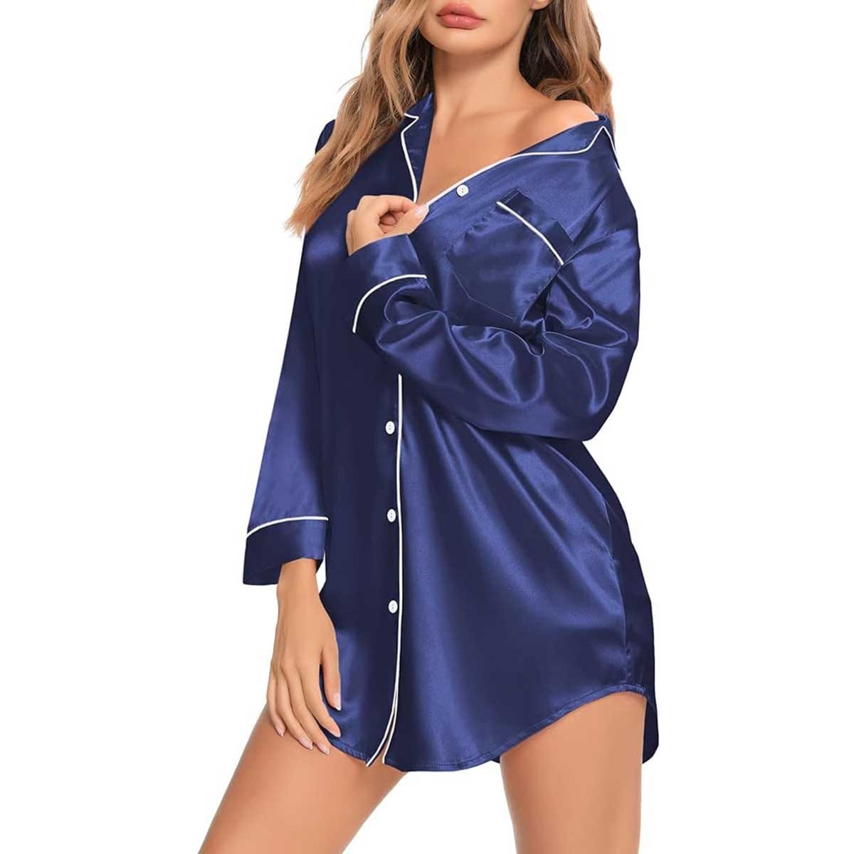 Satin Long Sleeve Sleep Nightshirt Pajama Top Navy Blue image 0