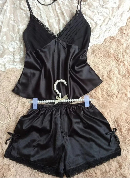 V-Neck Silk Women's Pajama Set with Spaghetti Straps and Lace Detailing image 0