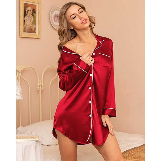 Satin Long Sleeve Sleep Nightshirt Pajama Top Red image 1