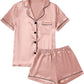 Women’s Satin Pajama Short Sleeve Champagne Pink top and Shorts Set image 0