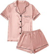 Women’s Satin Pajama Short Sleeve Champagne Pink top and Shorts Set image 0
