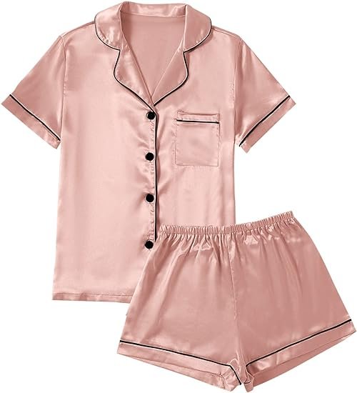 Women’s Satin Pajama Short Sleeve Champagne Pink top and Shorts Set image 0