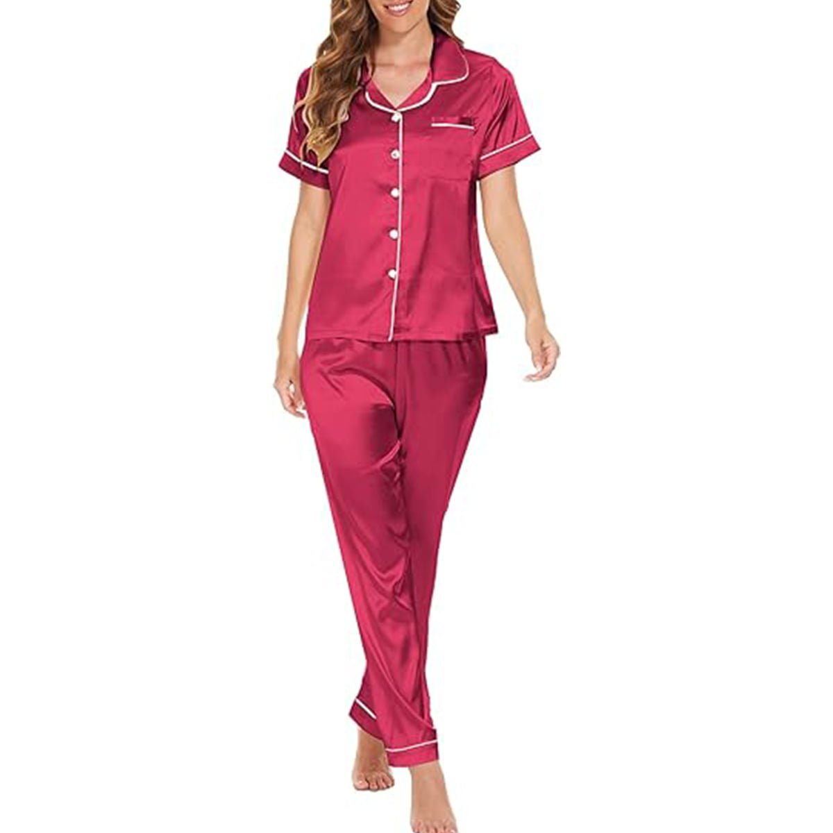 Women’s Satin Pajama Short Sleeve Pink top and Full Length Set image 2