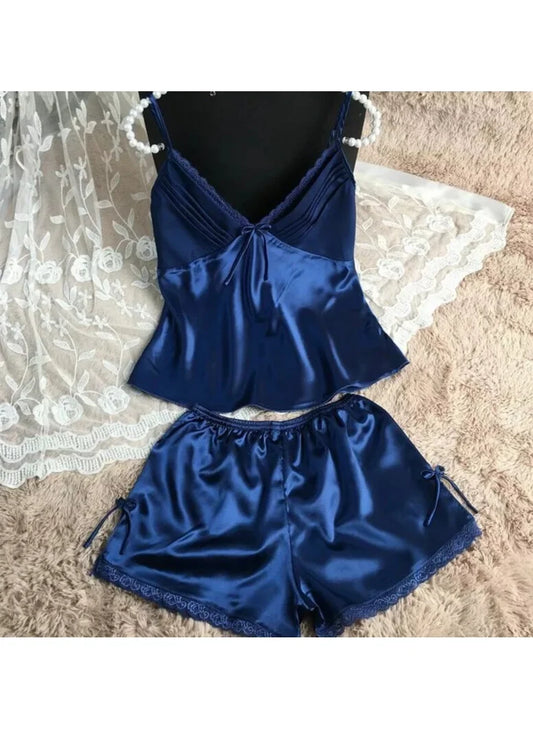 V-Neck Silk Women's Pajama Set with Spaghetti Straps and Lace Detailing image 1