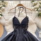 Elegant Butterfly-Inspired Halter Neck Satin Dress with Lace Bodice image 1