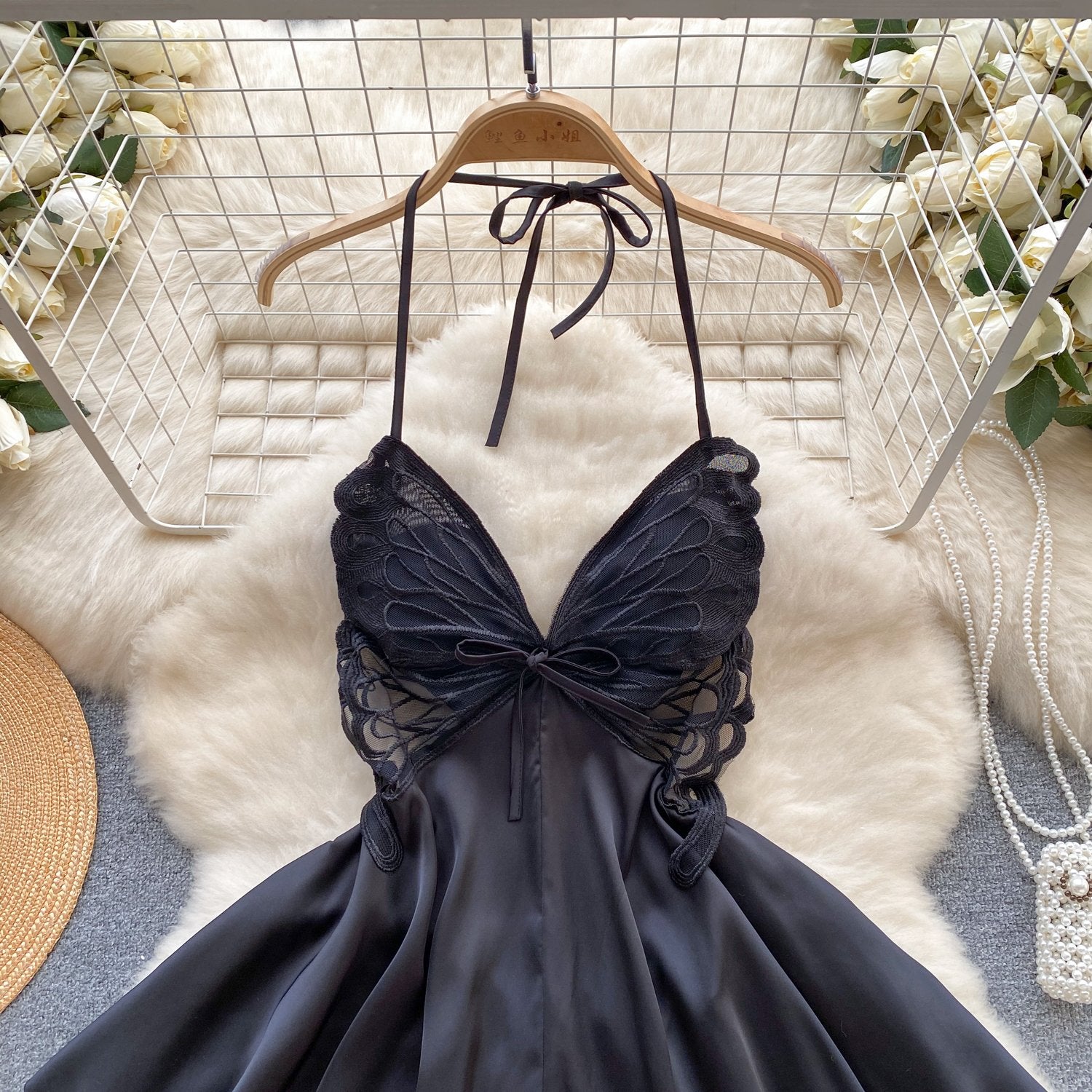 Elegant Butterfly-Inspired Halter Neck Satin Dress with Lace Bodice image 1