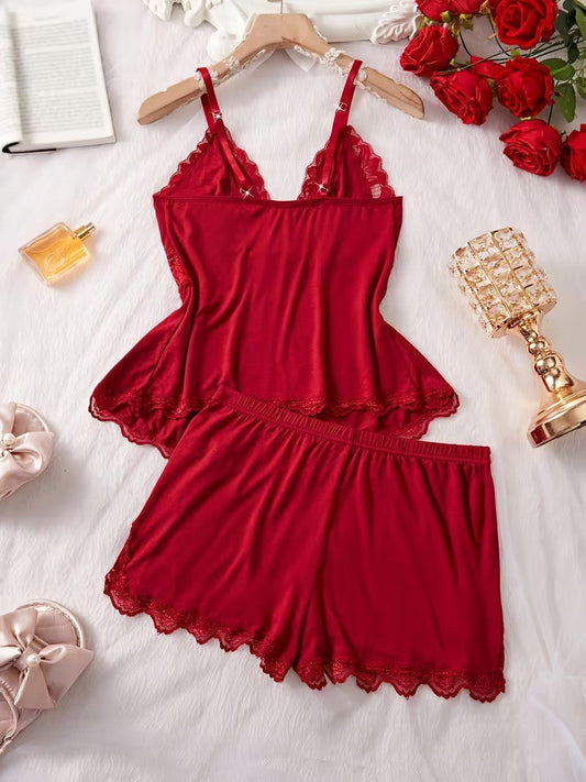 Women's Burgundy Lace Camisole & Shorts Pajama Set – Elegant Soft Sleepwear image 1