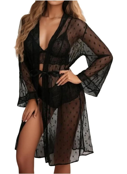Lace Mesh Corset Lingerie & Women's Bathrobe Set – Elegant Underwear with Timeless Charm image 0
