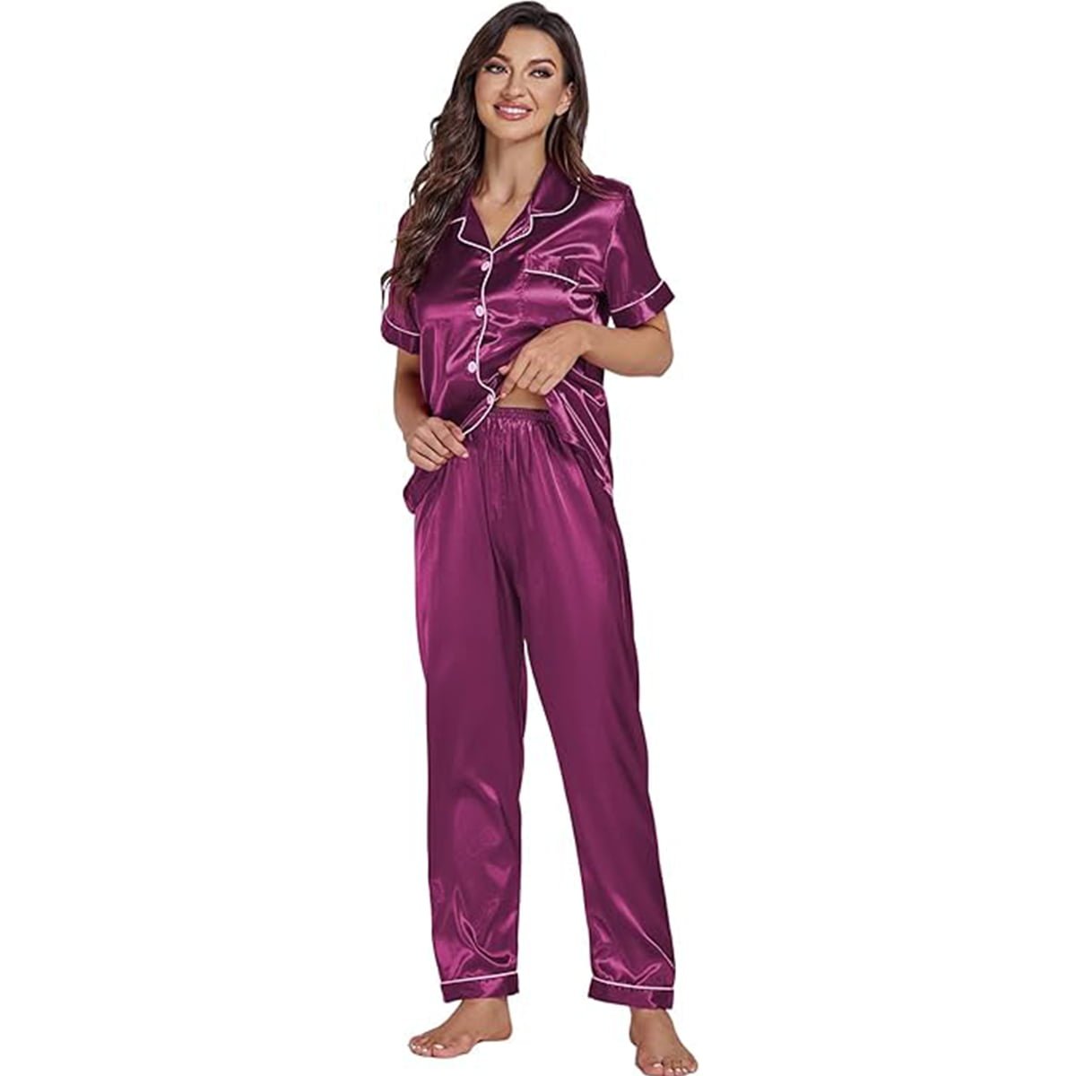 Women's Silk Satin Pyjama Set in Regal Purple – Short Sleeve image 6