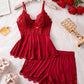 Women's Burgundy Lace Camisole & Shorts Pajama Set – Elegant Soft Sleepwear image 0