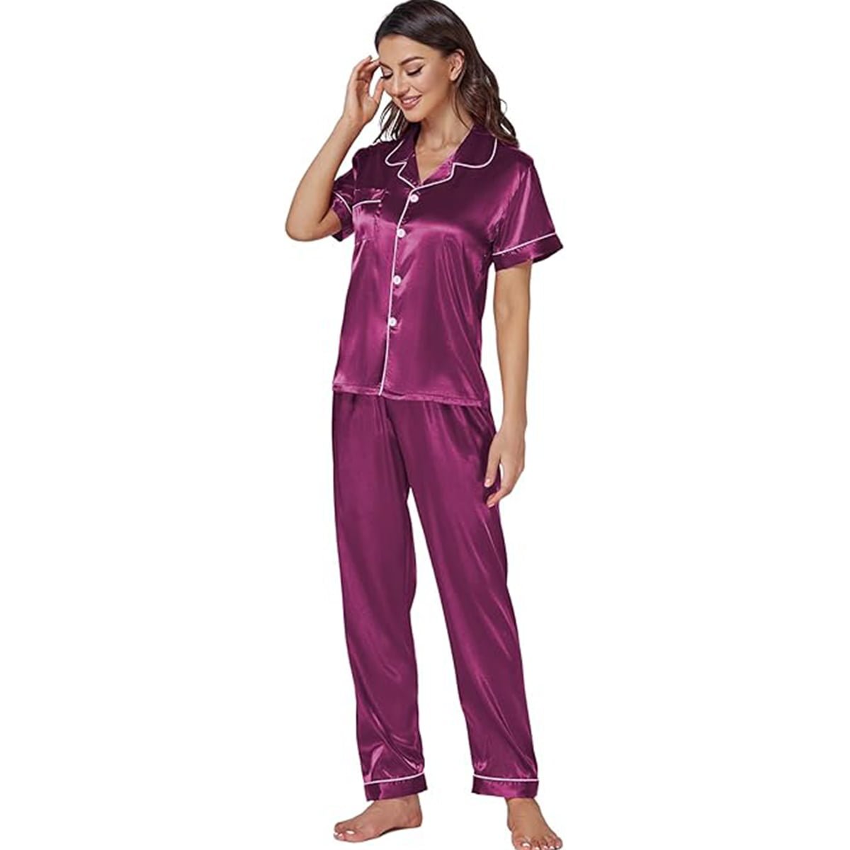 Women's Silk Satin Pyjama Set in Regal Purple – Short Sleeve image 3